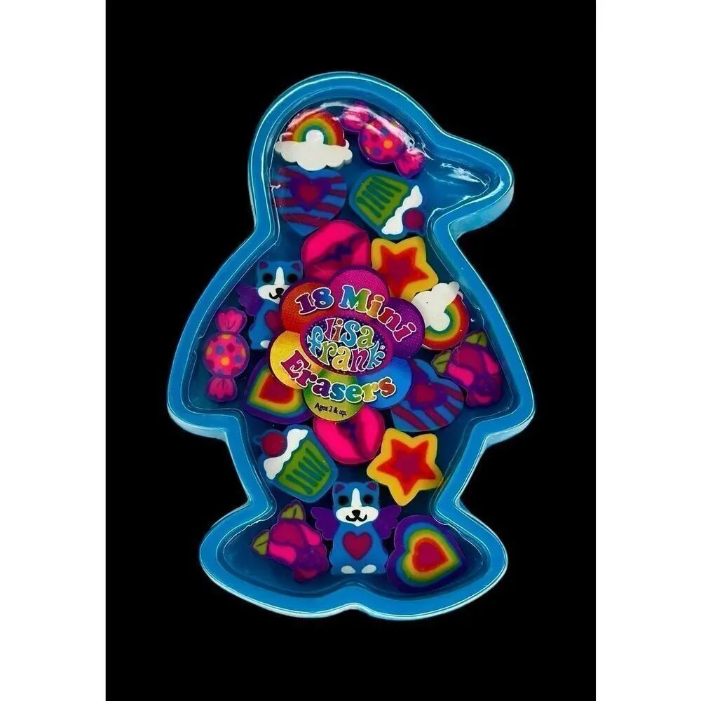 New Vintage Y2K Lisa Frank 18 Mini Erasers Blue Penguin Case Unused